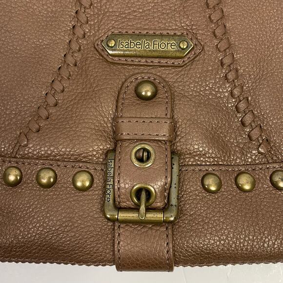 Isabella Fiore | Whip Flashback Audra Brown Pebble Leather Studded Hobo Handbag - Picture 3 of 11